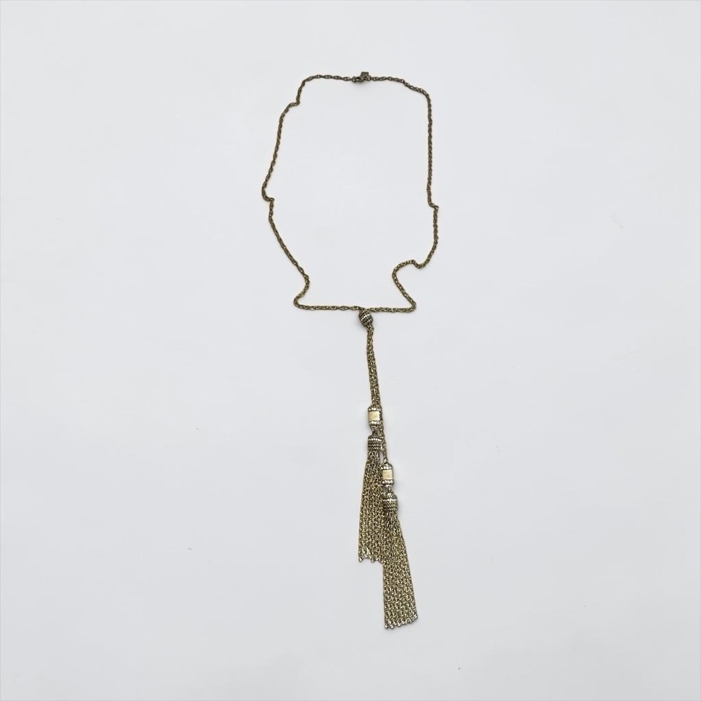 Banana Republic Tassel Lariat Necklace Antique Gold Tone‎ Crystal Beaded